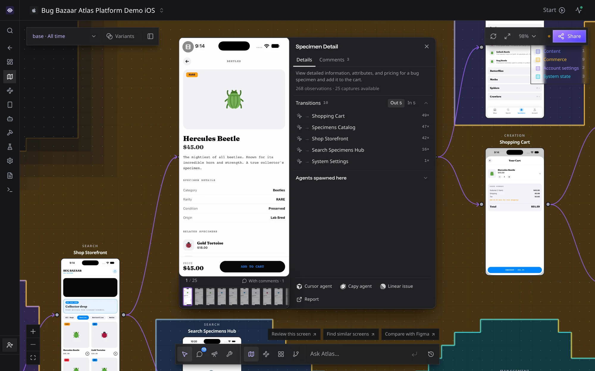 Atlas with an observed screen open and its transitions listed beside it