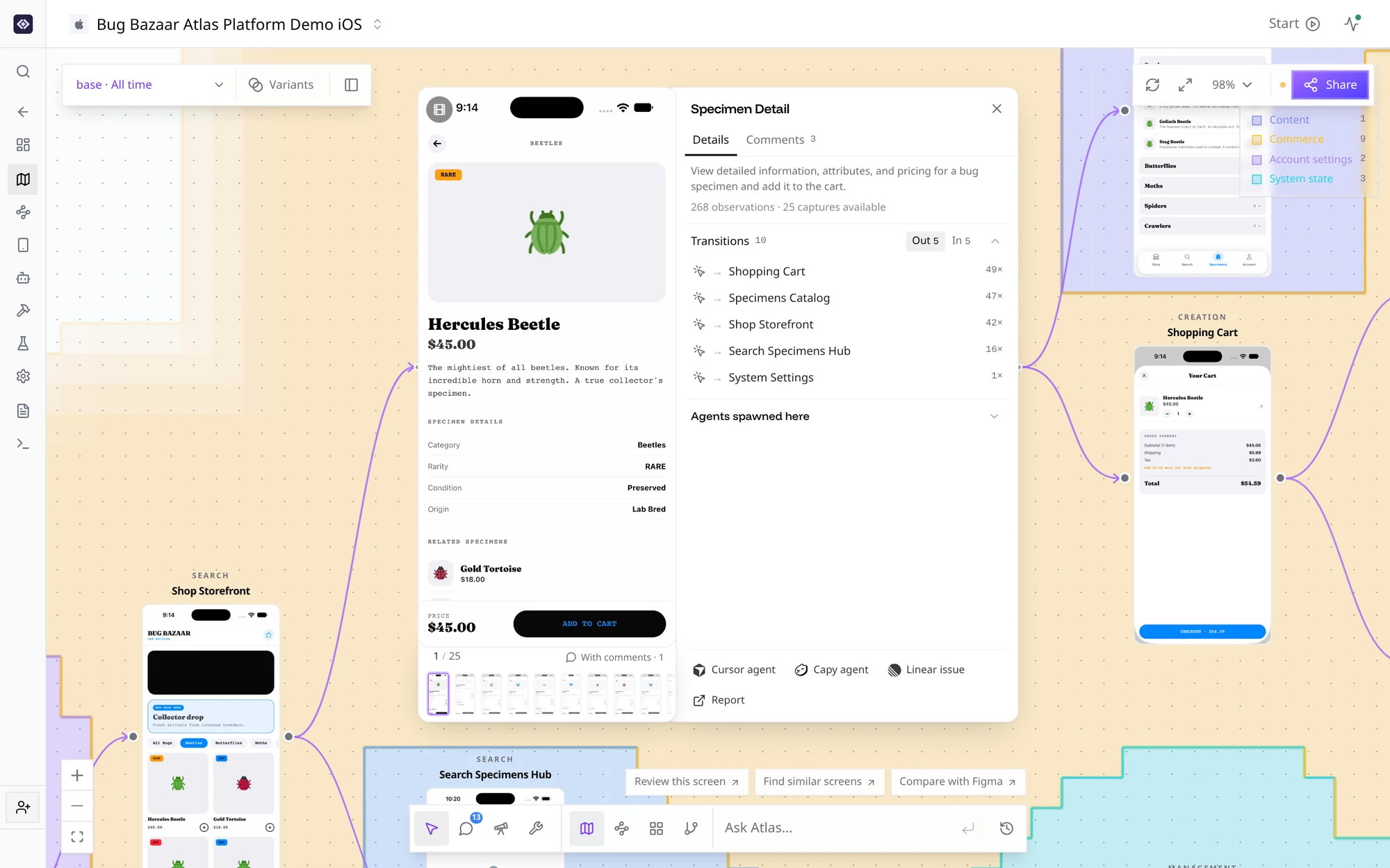 Atlas with an observed screen open and its transitions listed beside it