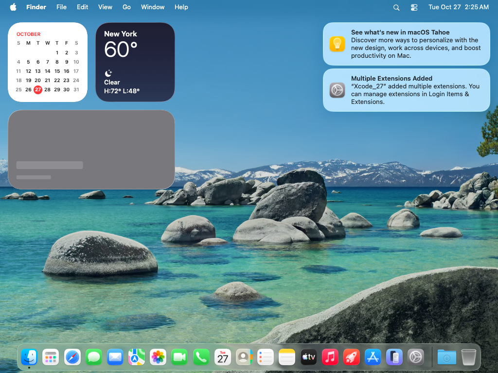 The macOS desktop from the real Verify computer run, showing Finder, Calendar and Weather widgets, notifications, and the Dock